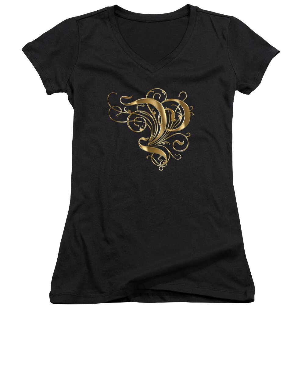 Golden Letter P Women's V-Neck featuring the painting P Golden Ornamental Letter Typography by Georgeta Blanaru