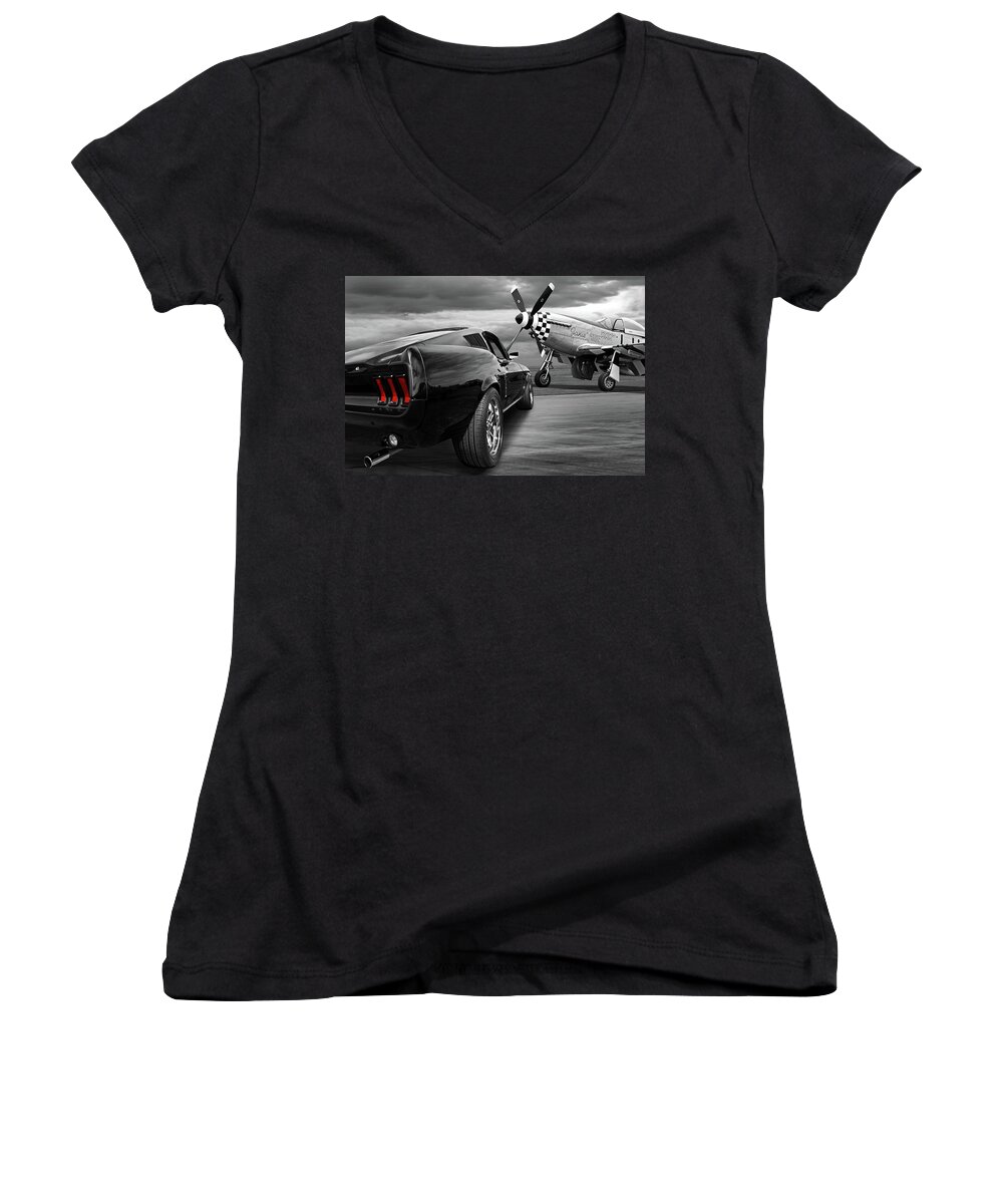 Ford Mustang Women's V-Neck featuring the photograph P51 with Black '67 Fastback Mustang by Gill Billington