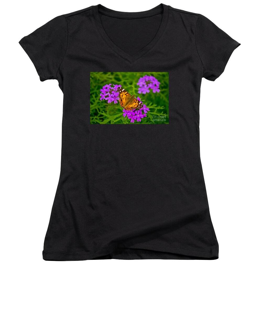 Michael Tidwell Photography Women's V-Neck featuring the photograph Painted Lady on Purple Verbena by Michael Tidwell