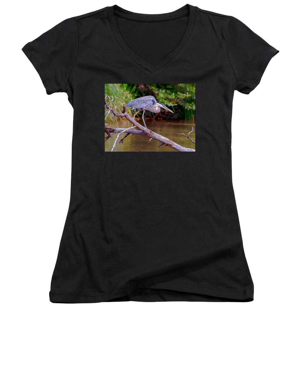 Great Blue Heron Women's V-Neck featuring the painting Painting Blue Heron Oak Creek by Dr Bob Johnston