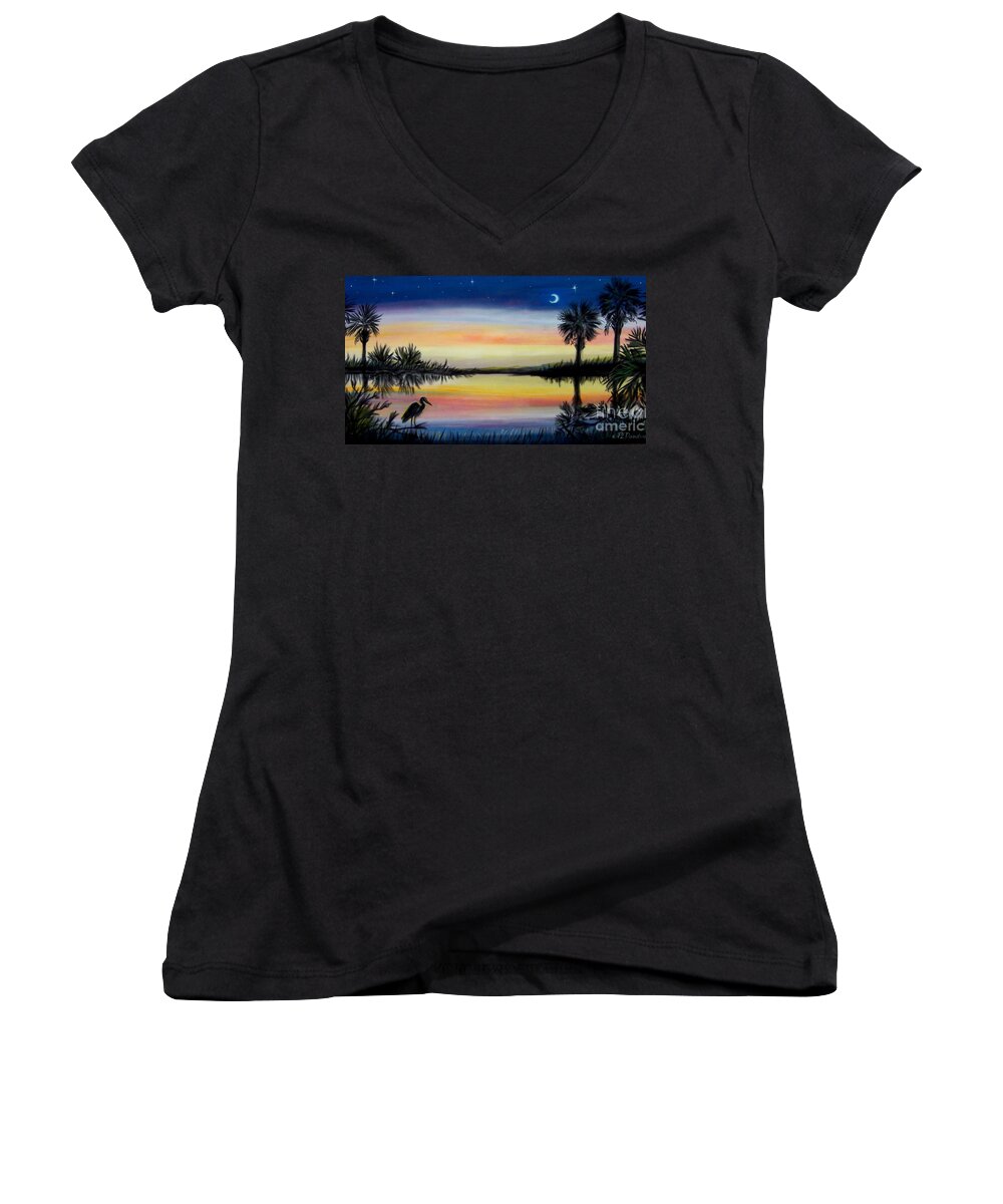 Palmetto Night Women's V-Neck featuring the painting Palmetto Tree and Moon Low Country Sunset by Pat Davidson