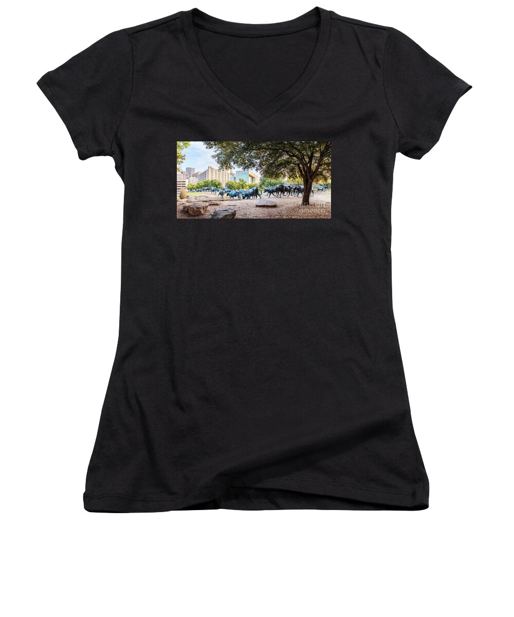 Downtown Women's V-Neck featuring the photograph Panorama of Cattle Drive at Pioneer Plaza in Downtown Dallas - North Texas by Silvio Ligutti