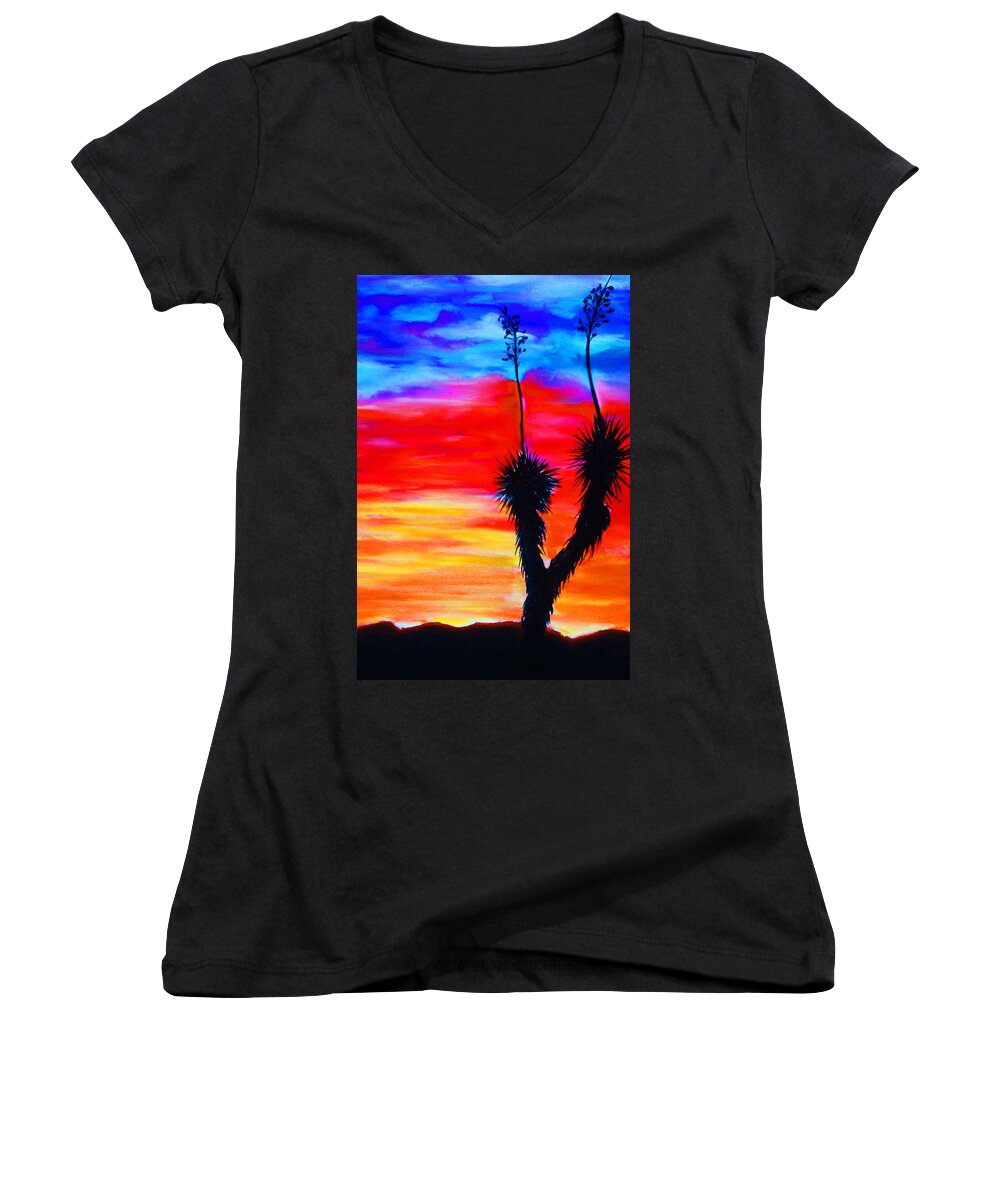 Sunset Women's V-Neck featuring the painting Paso Del Norte Sunset 1 by Melinda Etzold