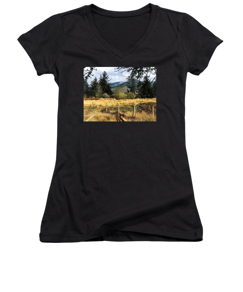 Landscape Women's V-Neck featuring the photograph Pasture, Trees, Mountains Sky by Chriss Pagani