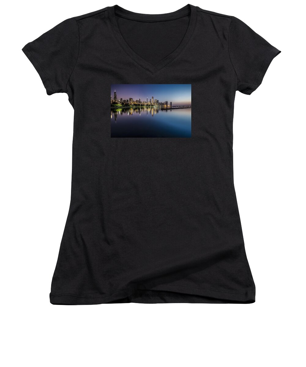 Chicago Women's V-Neck featuring the photograph Peaceful summer dawn scene on Chicago's lakefront by Sven Brogren