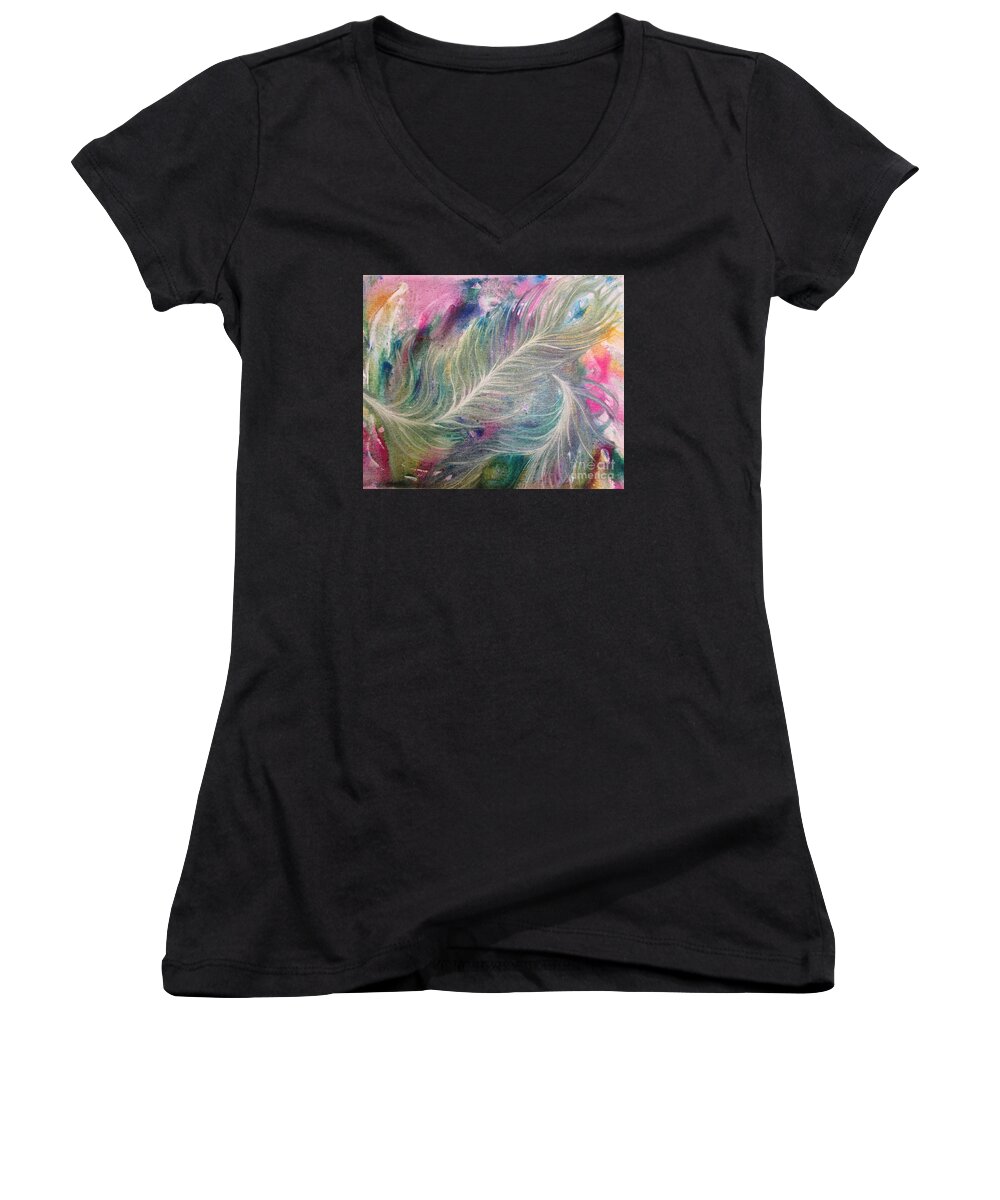 Peacock Feathers Women's V-Neck featuring the painting Peacock feathers pastel by Denise Hoag
