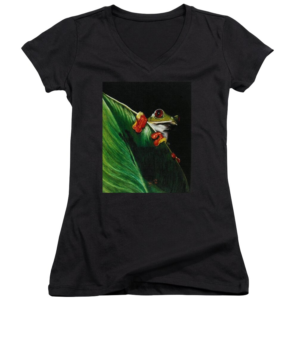 Frog Women's V-Neck featuring the drawing Peek-A-Boo by Barbara Keith