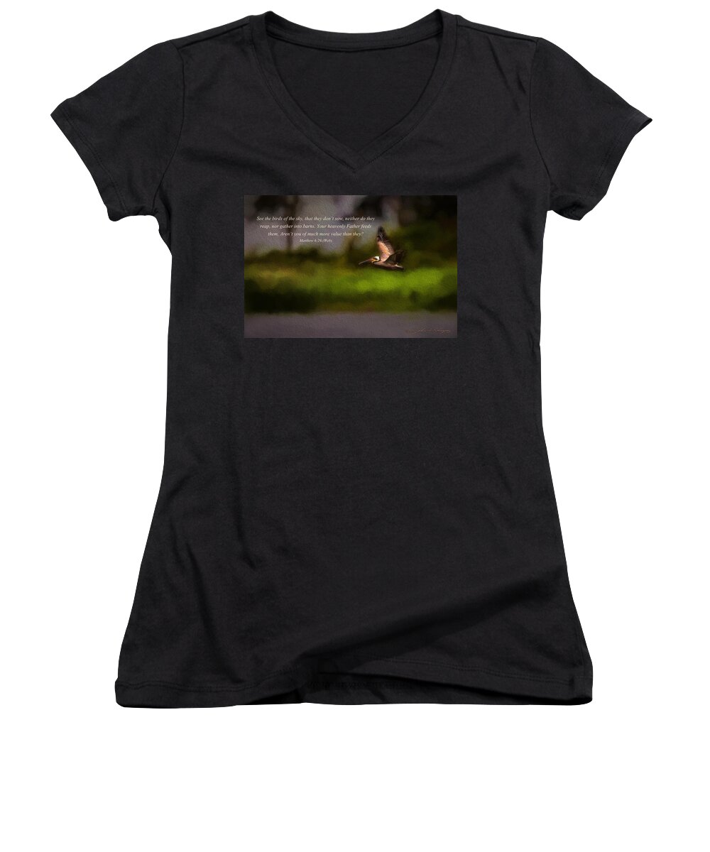 Pelican Women's V-Neck featuring the photograph Pelican In Flight With Bible Verse by John A Rodriguez