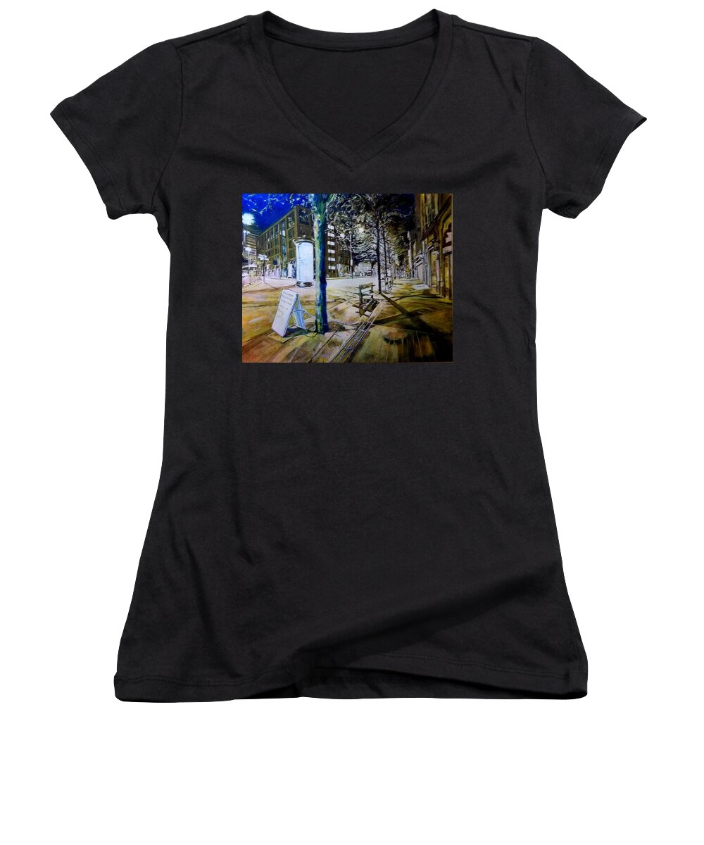 Shop Fronts Women's V-Neck featuring the painting Piccadilly Gardens, Manchester by Rosanne Gartner