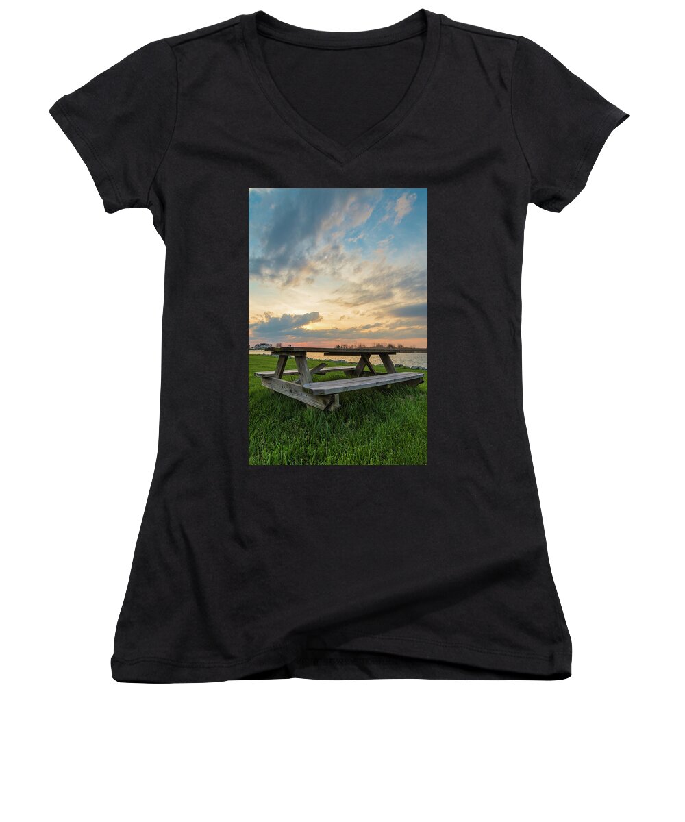 Knapps Narrows Women's V-Neck featuring the photograph Picnic Time by Kristopher Schoenleber