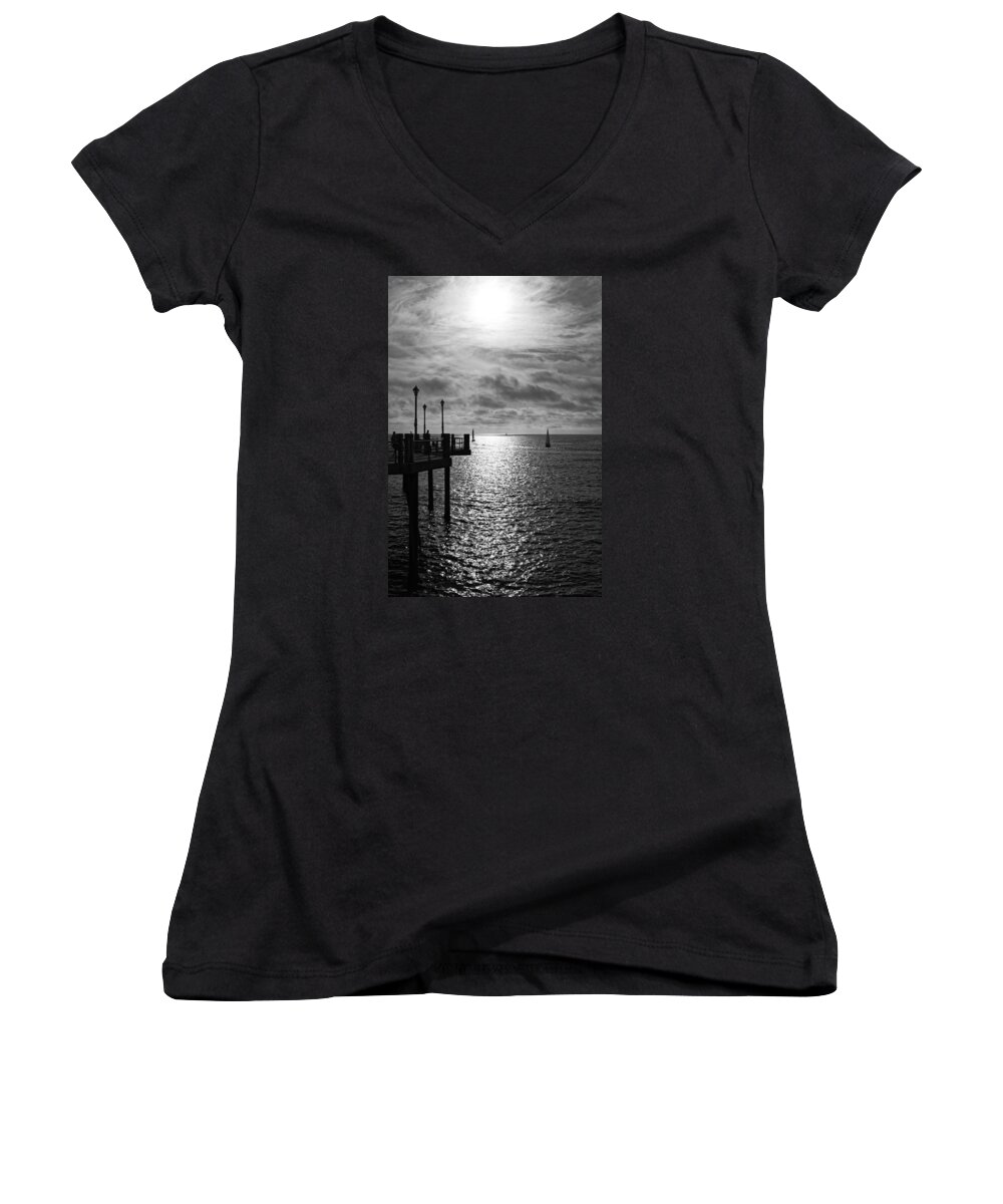 Sun Women's V-Neck featuring the photograph Pier into the Sun by Michael Hope