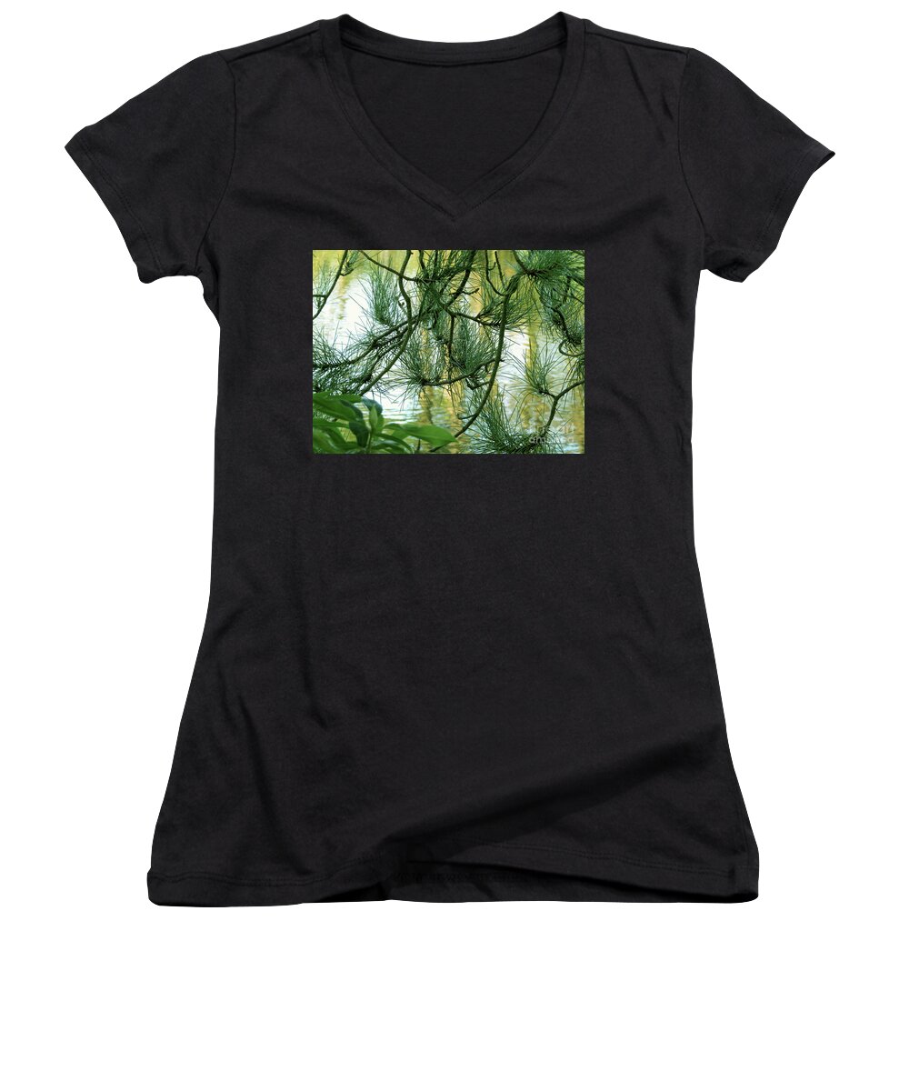 Green Women's V-Neck featuring the photograph Pine needles Patchwork by Kim Tran