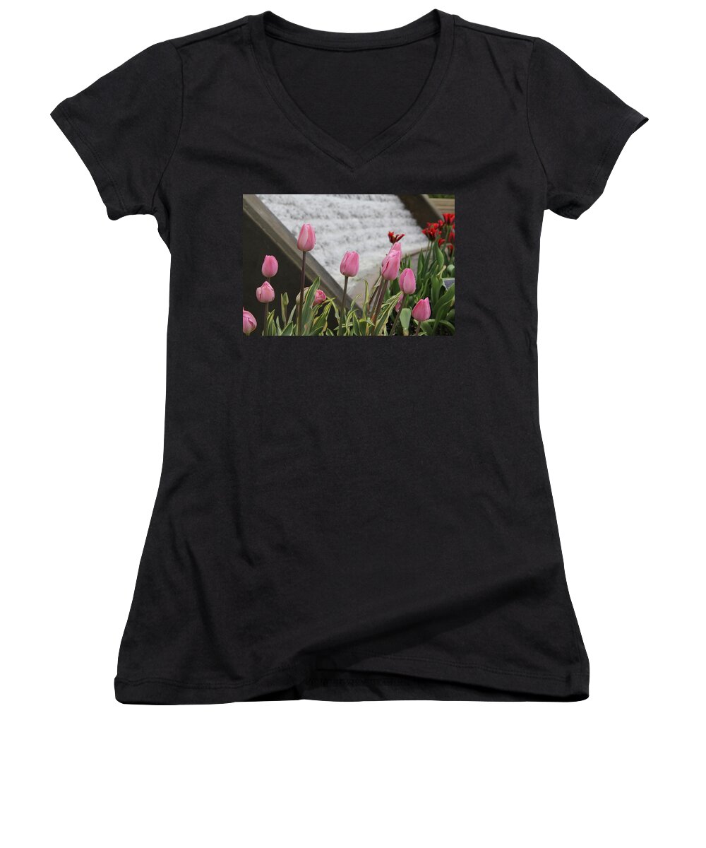Tulips Women's V-Neck featuring the photograph Pink Tulips by Allen Nice-Webb