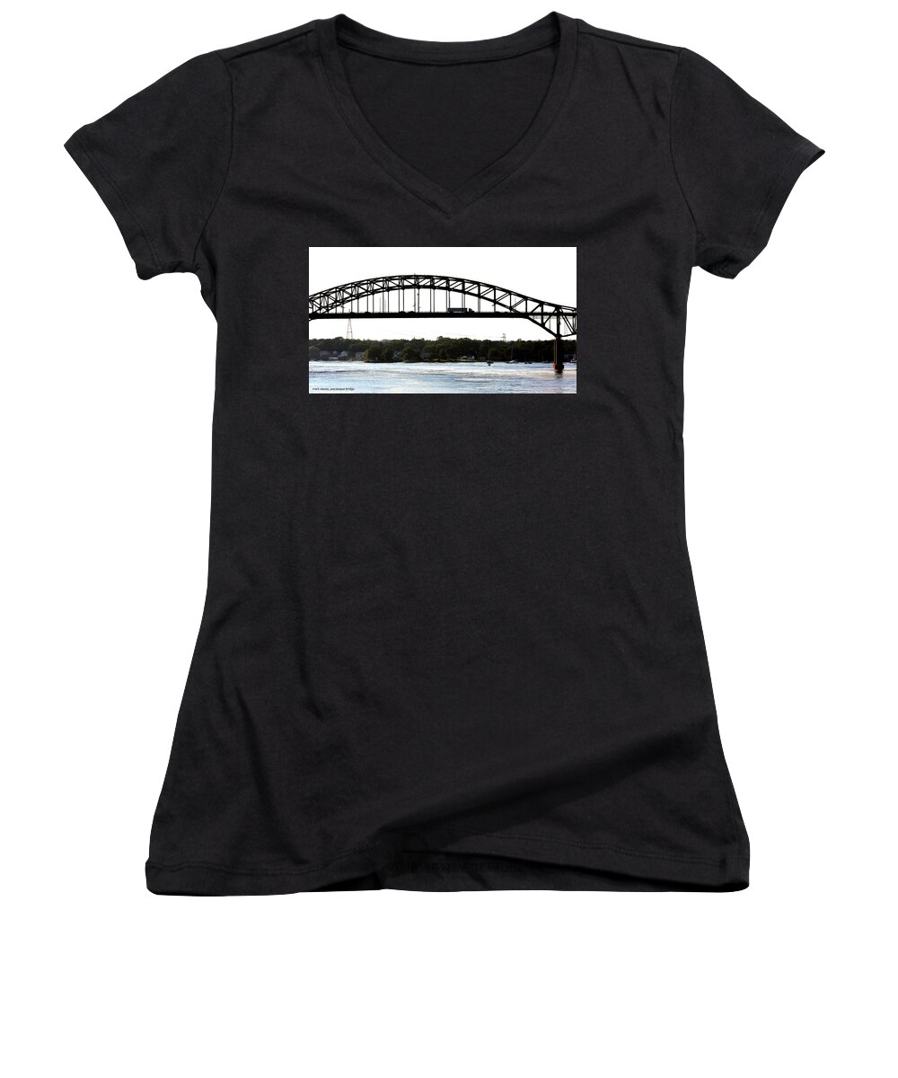  Women's V-Neck featuring the photograph Piscataqua river - Maine turnpike bridge by Mark Alesse