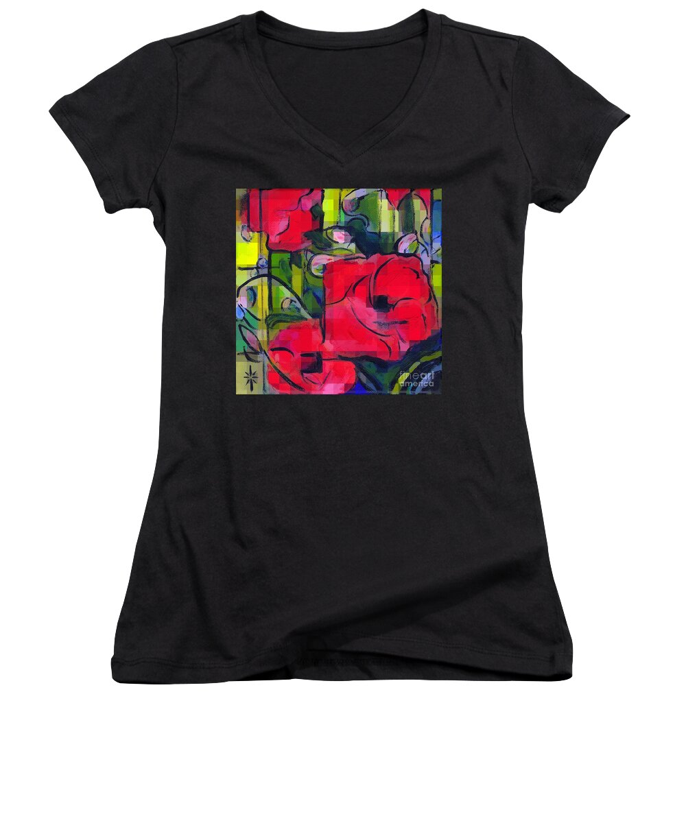 Painting Women's V-Neck featuring the painting Pixelated Poppies by Jodie Marie Anne Richardson Traugott     aka jm-ART