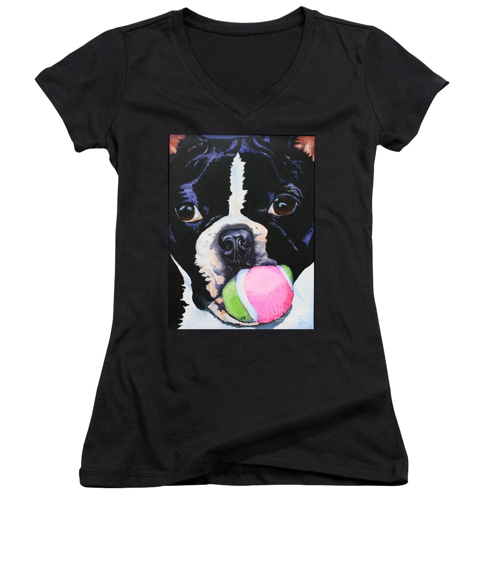 Boston Terrier Women's V-Neck featuring the painting Play Ball by Susan Herber