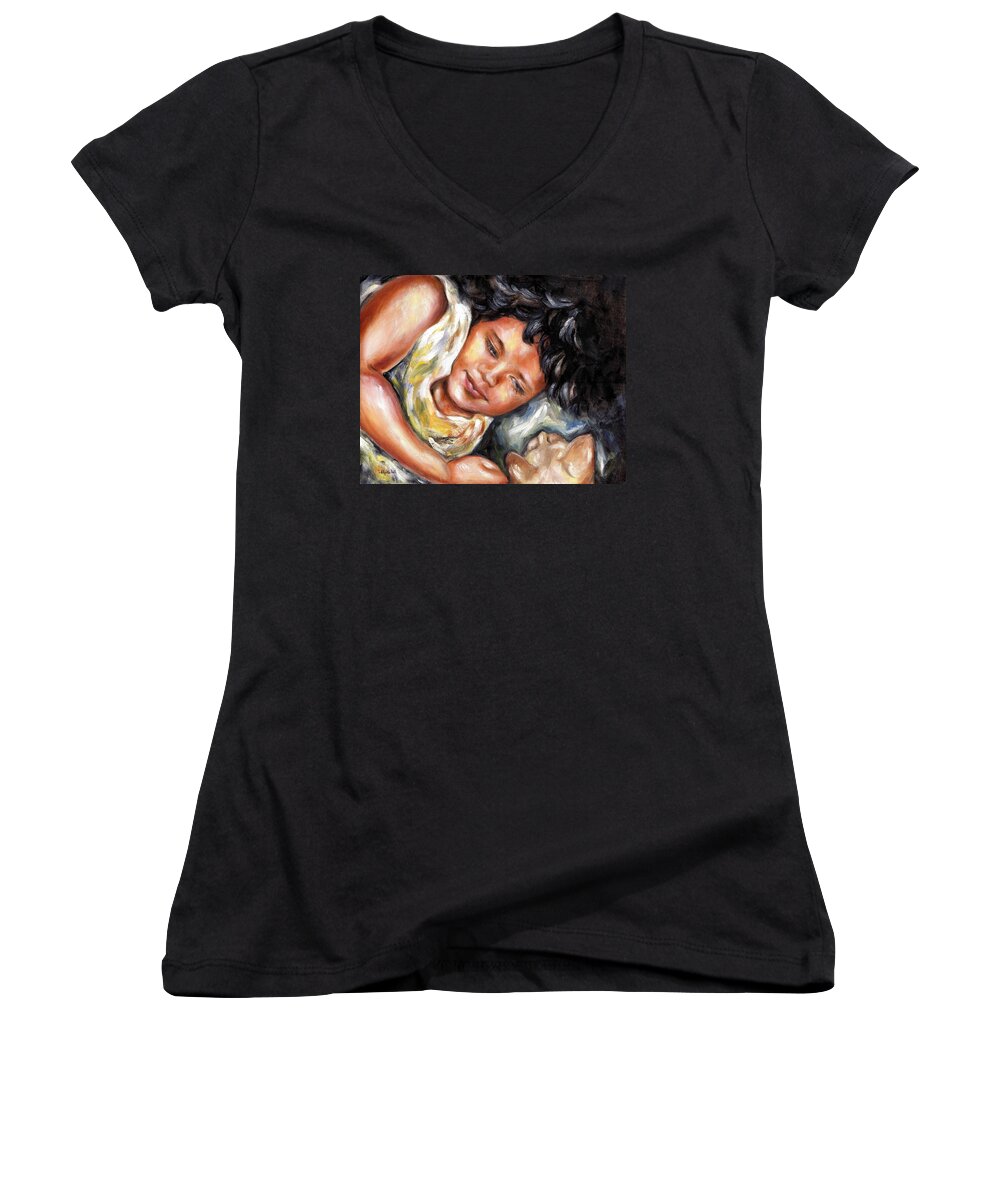 Child Women's V-Neck featuring the painting Play time by Hiroko Sakai