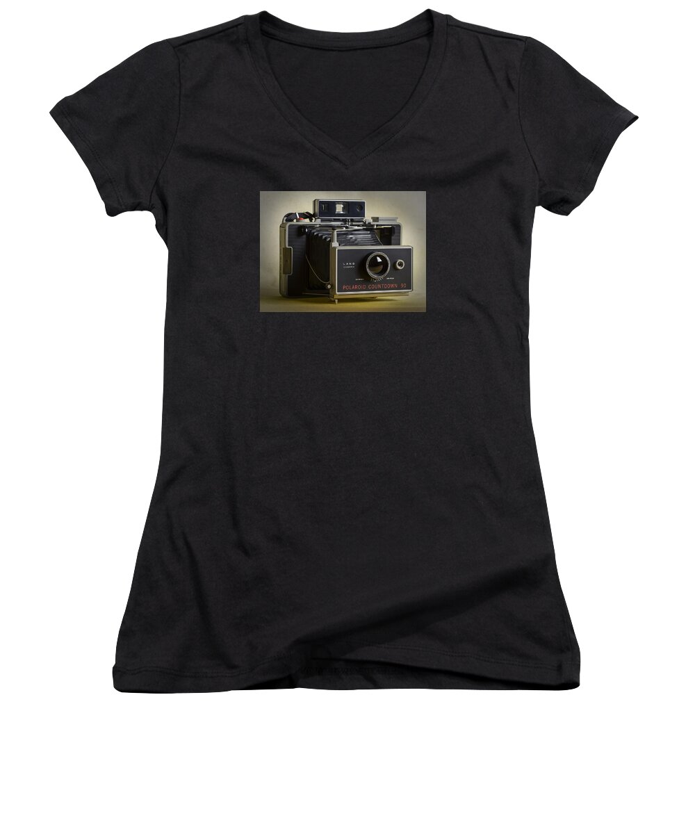 Polaroid Countdown 90 Women's V-Neck featuring the photograph Polaroid Countdown 90 Vintage Camera by Art Whitton