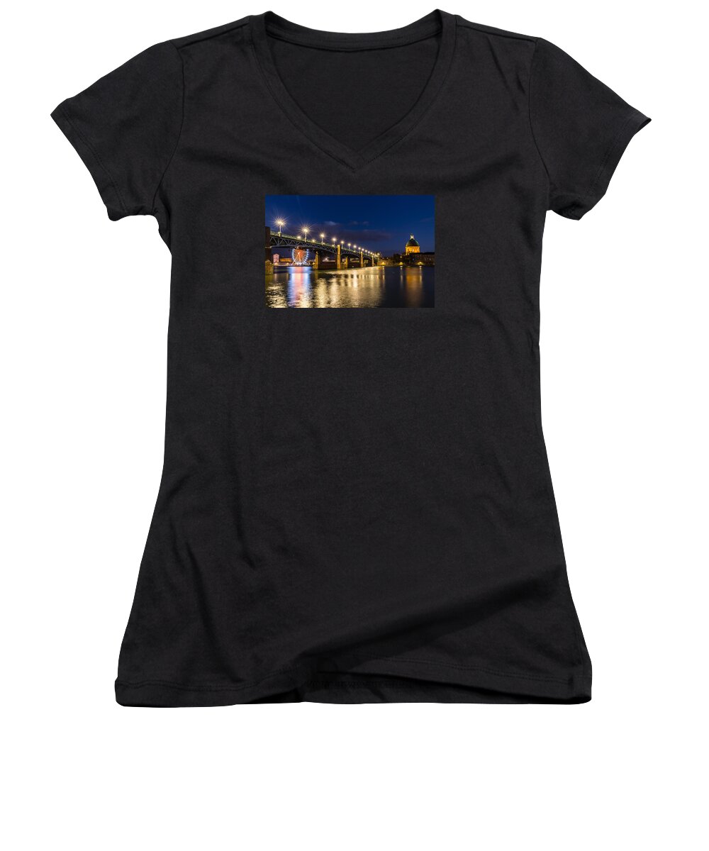 Bridge Women's V-Neck featuring the photograph Pont Saint-PIerre with street lanterns at night by Semmick Photo