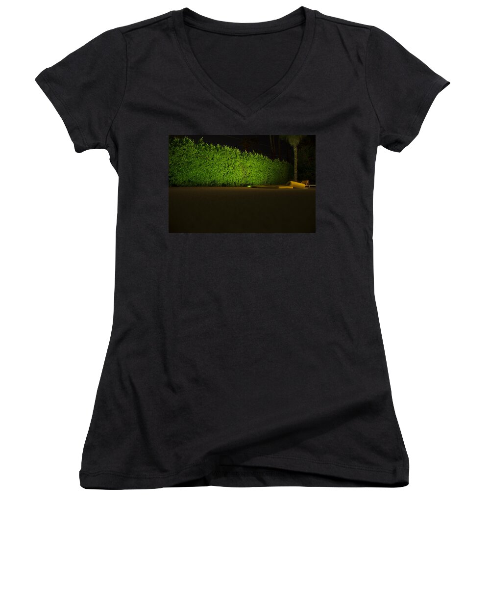 Palm Springs Women's V-Neck featuring the photograph Poolside Privacy Hedge by Night by Erik Burg