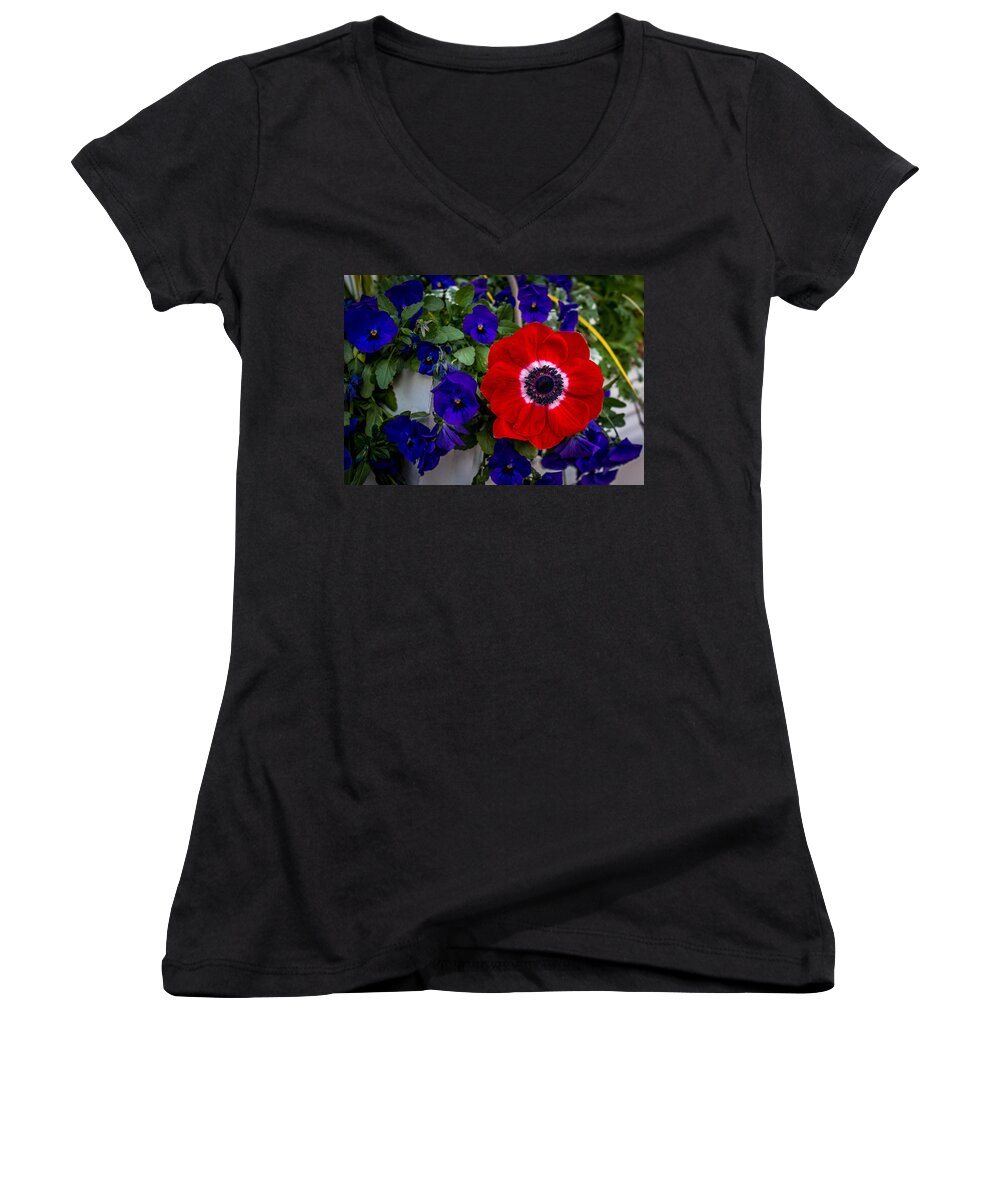 Poppy Women's V-Neck featuring the photograph Poppy and Pansies by Susie Weaver