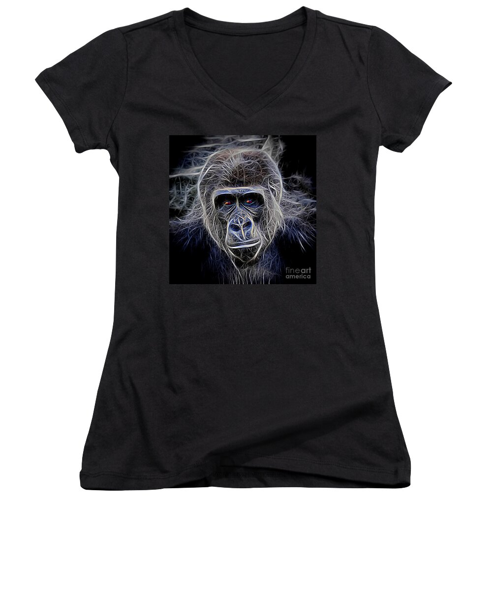 Ape Women's V-Neck featuring the digital art Portrait of a Male Ape digitally altered by Jim Fitzpatrick