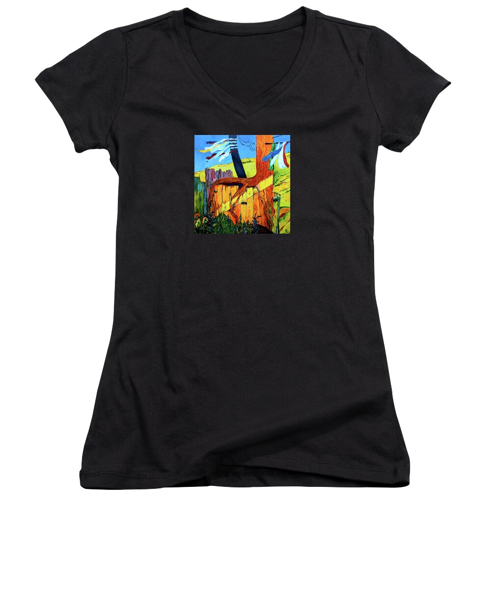 Field Paintings Women's V-Neck featuring the painting Prayer Flags by Gregory Merlin Brown