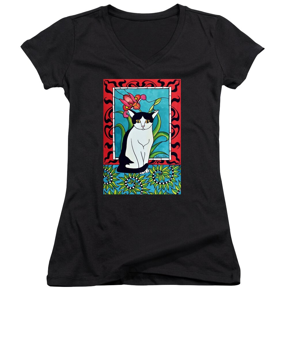 Pretty Me In Tuxedo Women's V-Neck featuring the painting Pretty Me In Tuxedo by Dora Hathazi Mendes