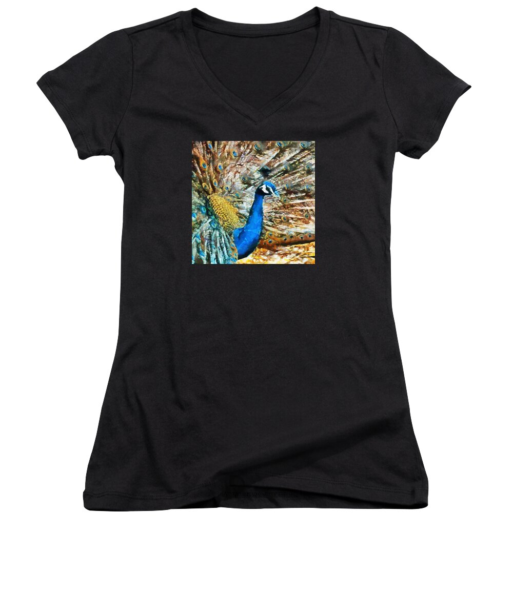 Bird Women's V-Neck featuring the digital art Proud as a Peacock by Charmaine Zoe