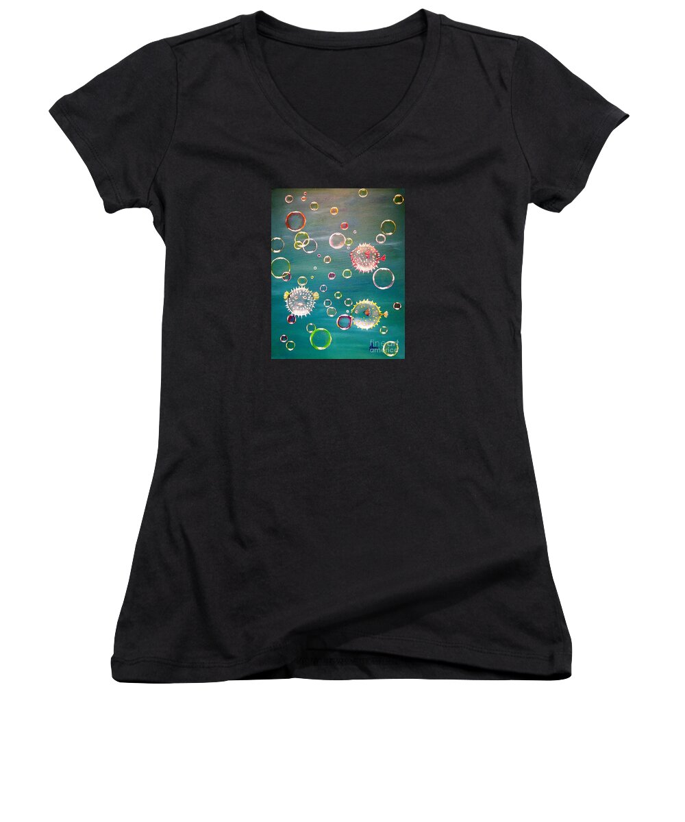 Puffer Fish Women's V-Neck featuring the painting Puffer Fish Bubbles by Karen Jane Jones