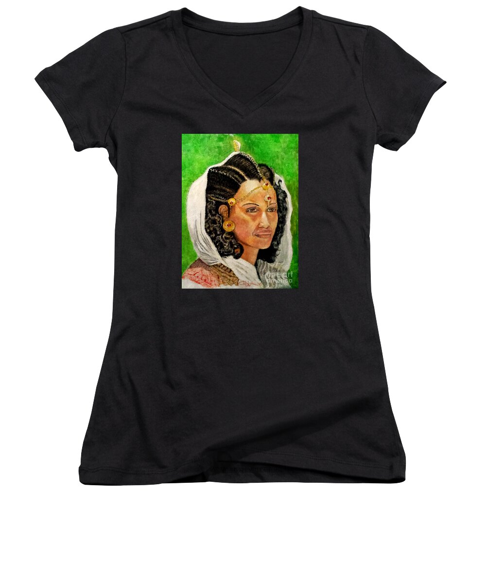 Women Women's V-Neck featuring the painting Queen Hephzibah by G Cuffia