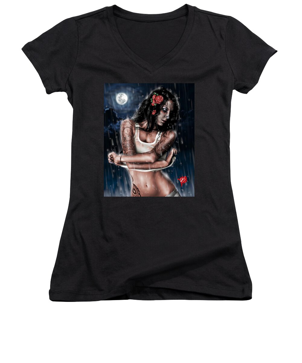 Pete Women's V-Neck featuring the painting Rain When I Die by Pete Tapang