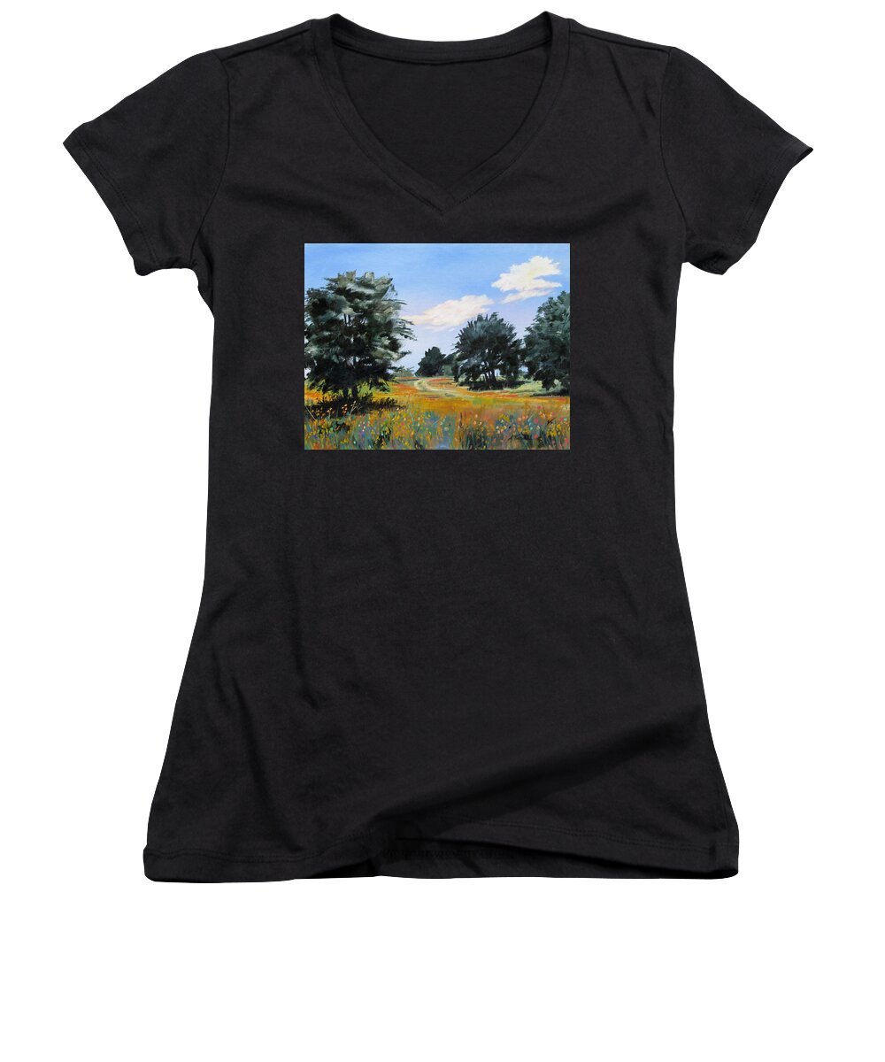 Texas Landscape Women's V-Neck featuring the painting Ranch Road Near Bandera Texas by Adele Bower