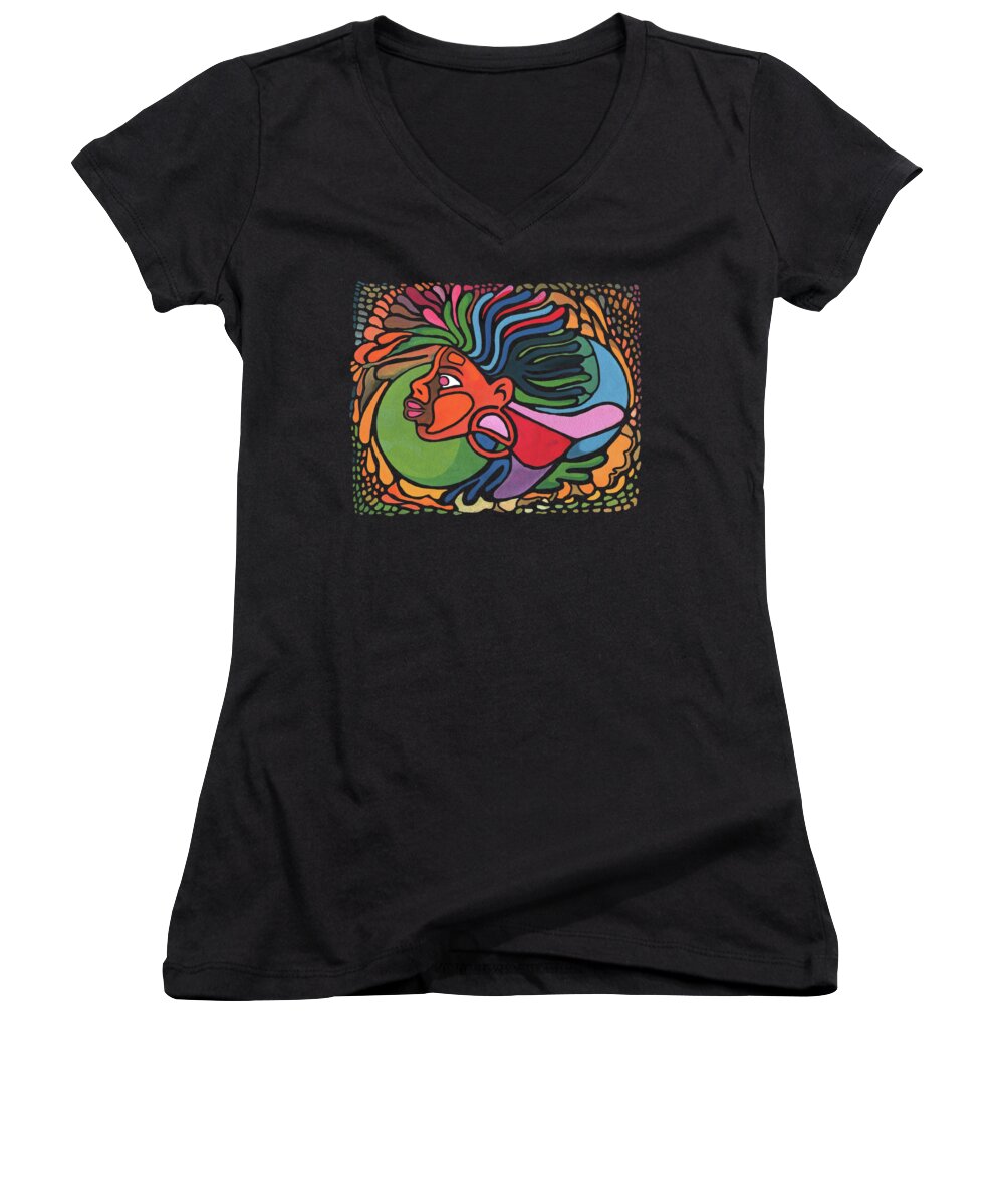 Looking Women's V-Neck featuring the painting Rasta Queen by Anthony Mwangi