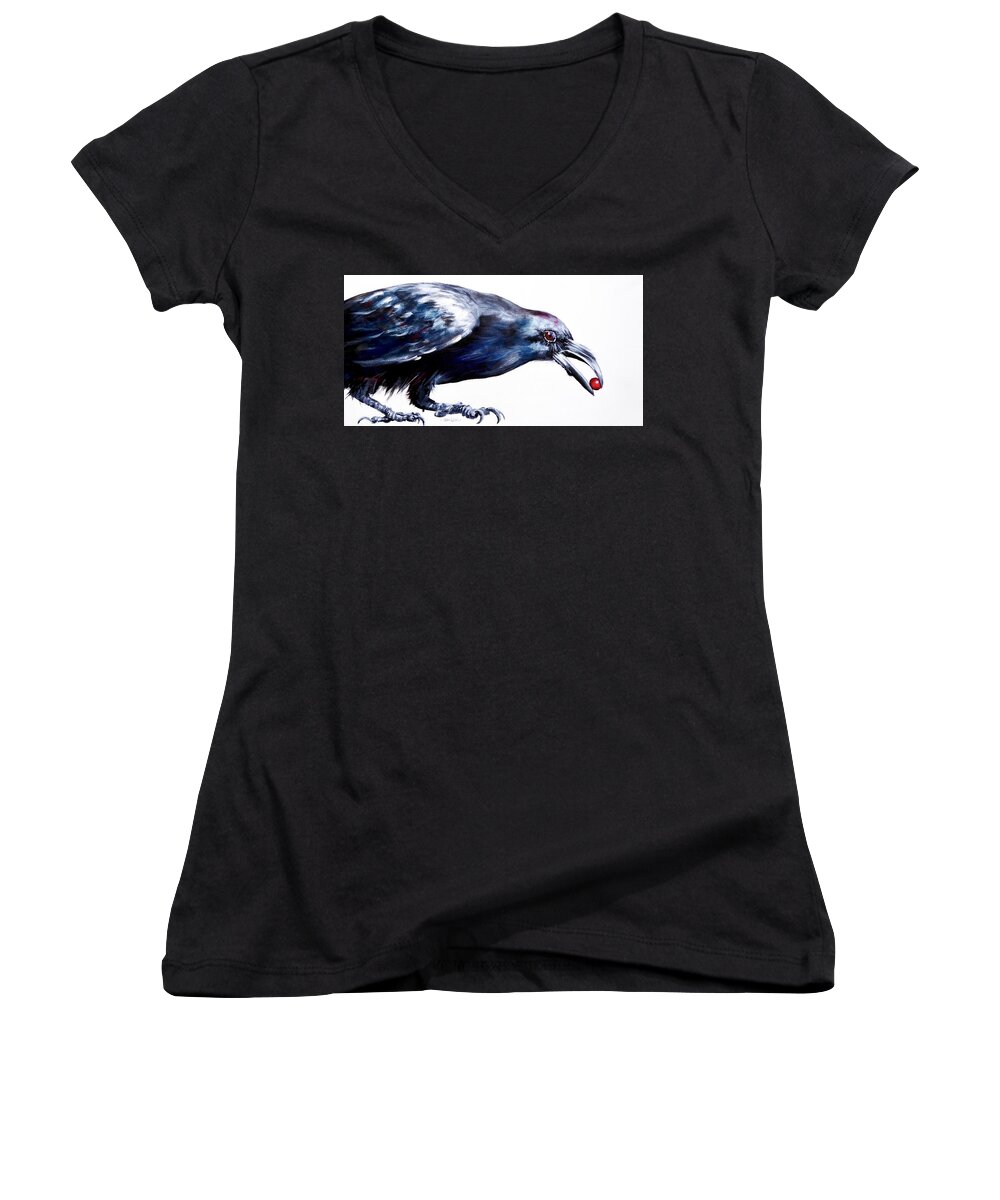 Raven Women's V-Neck featuring the painting Raven with Berry by Pat Dolan