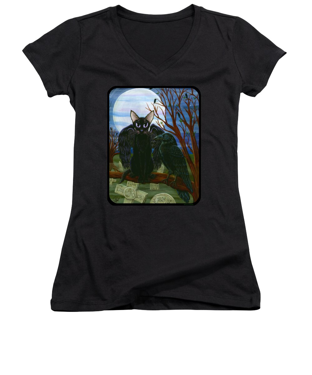Black Cat Women's V-Neck featuring the painting Raven's Moon Black Cat Crow by Carrie Hawks