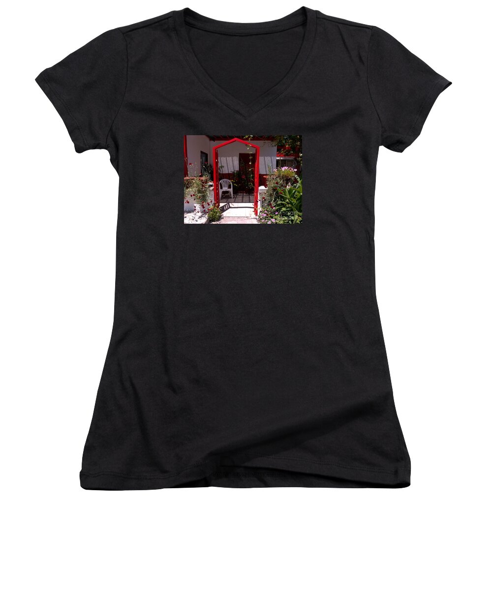 Lsvos Women's V-Neck featuring the photograph Red Arch on Lesvos by Brenda Kean