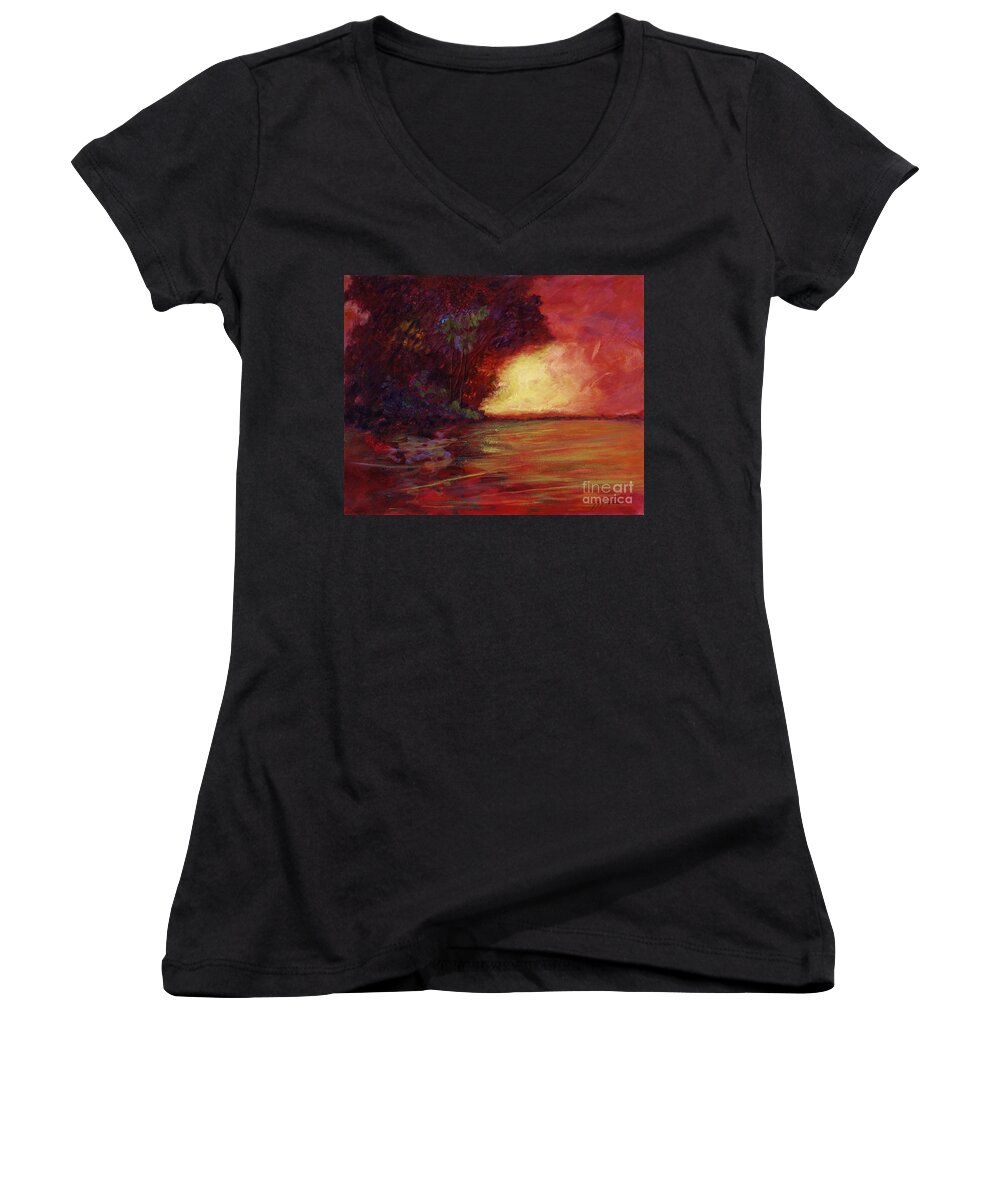 Impressionism Women's V-Neck featuring the painting Red Dusk by Julianne Felton