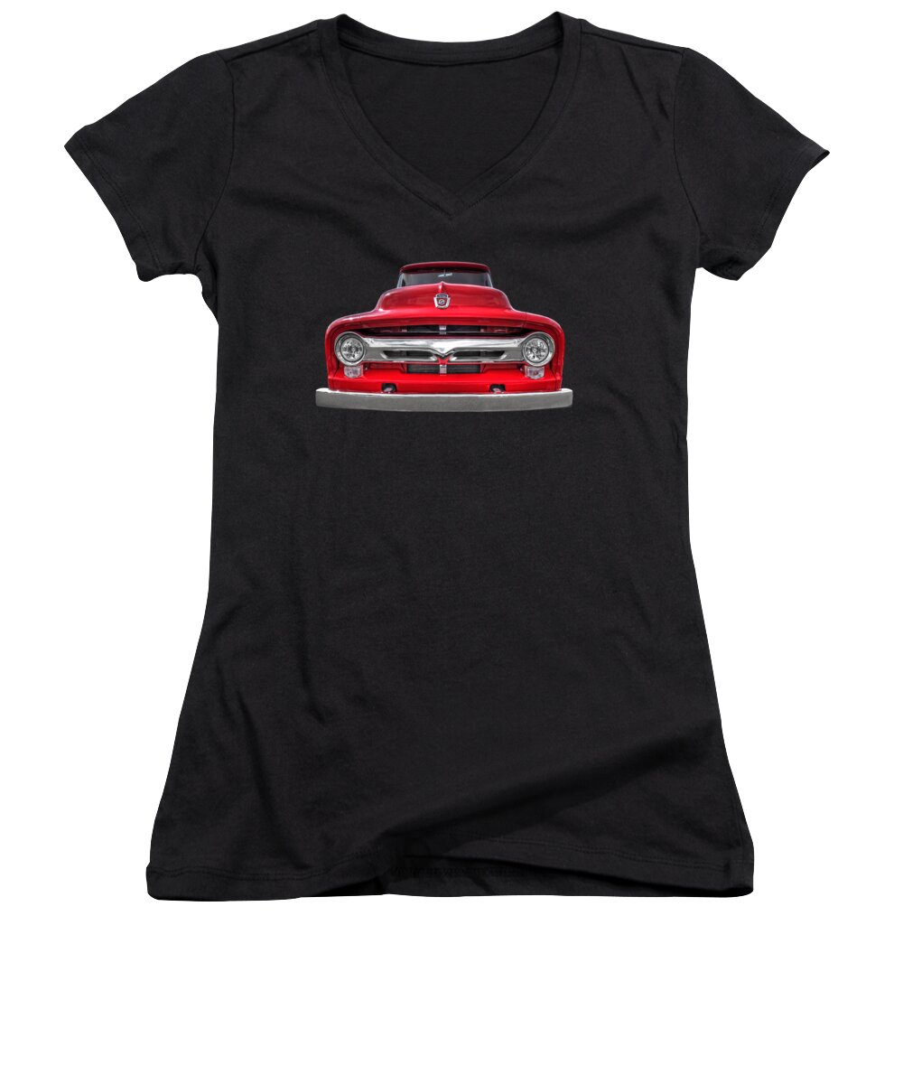 Ford F100 Women's V-Neck featuring the photograph Red Ford F-100 Head On by Gill Billington