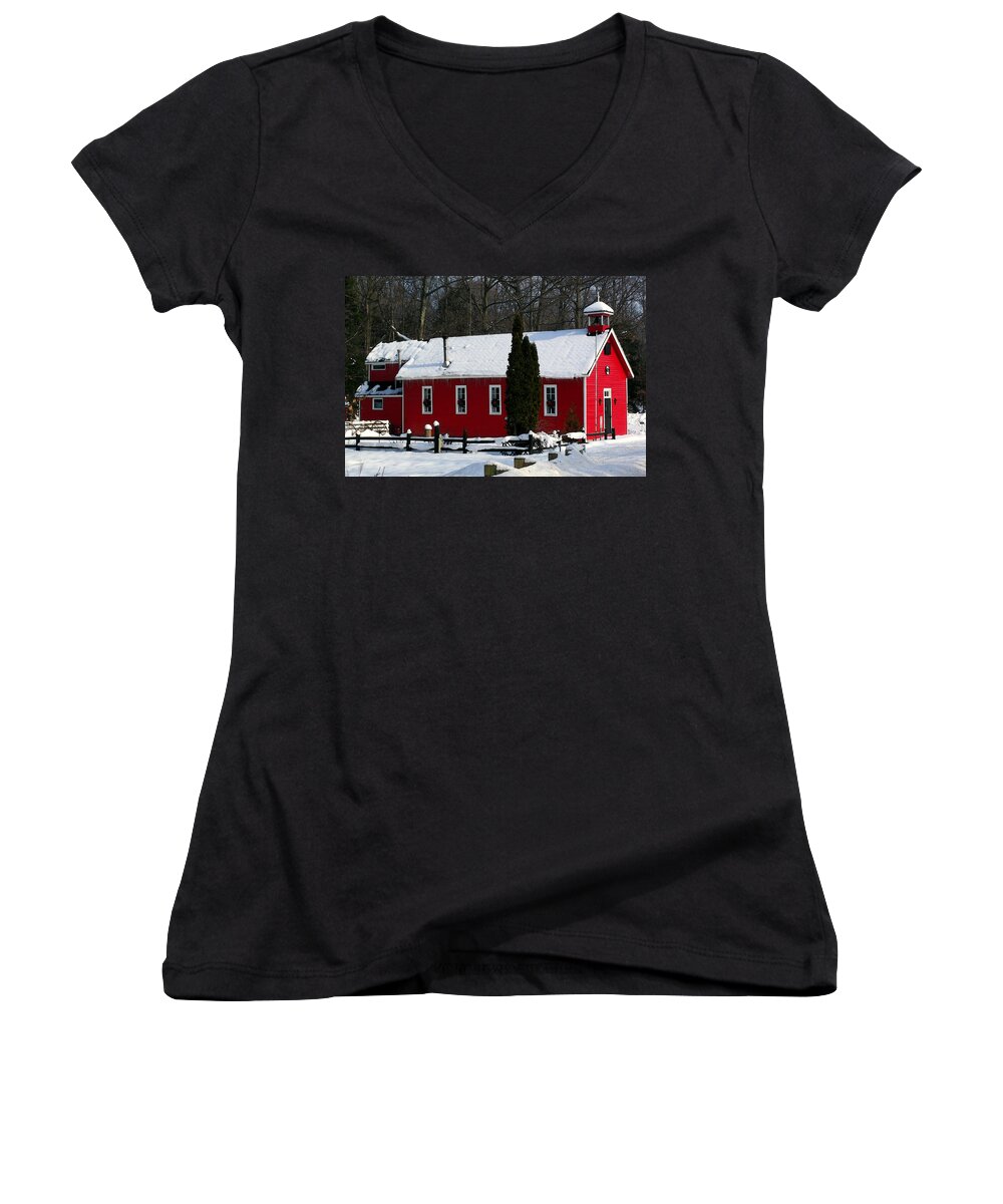 Red Schoolhouse Women's V-Neck featuring the photograph Red Schoolhouse at Christmas by Desiree Paquette