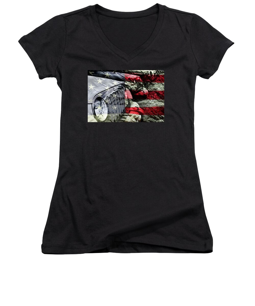 Jeep Women's V-Neck featuring the photograph Red White and Jeep by Luke Moore