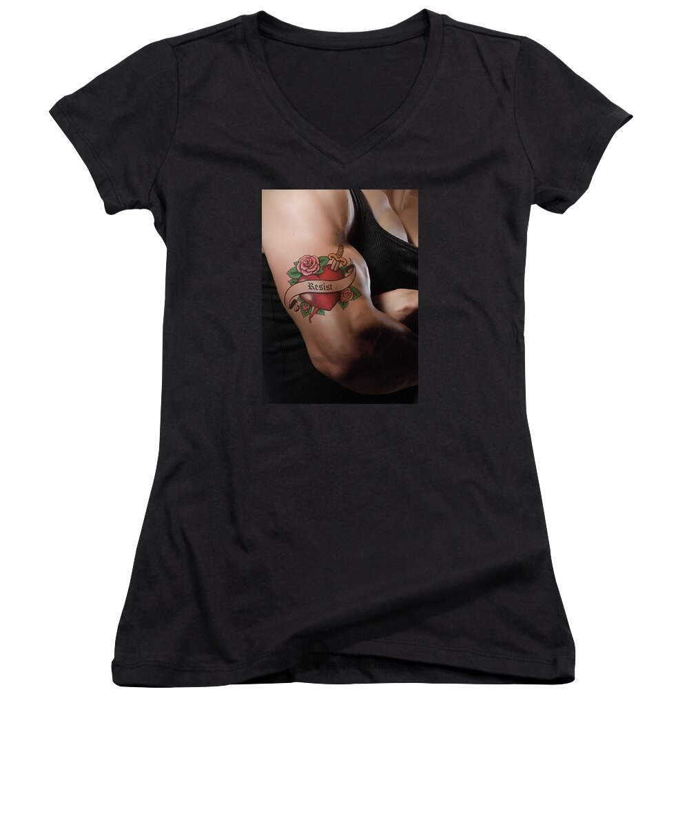 Democratic Socialists Women's V-Neck featuring the mixed media Resistance Tattoo by Susan Maxwell Schmidt