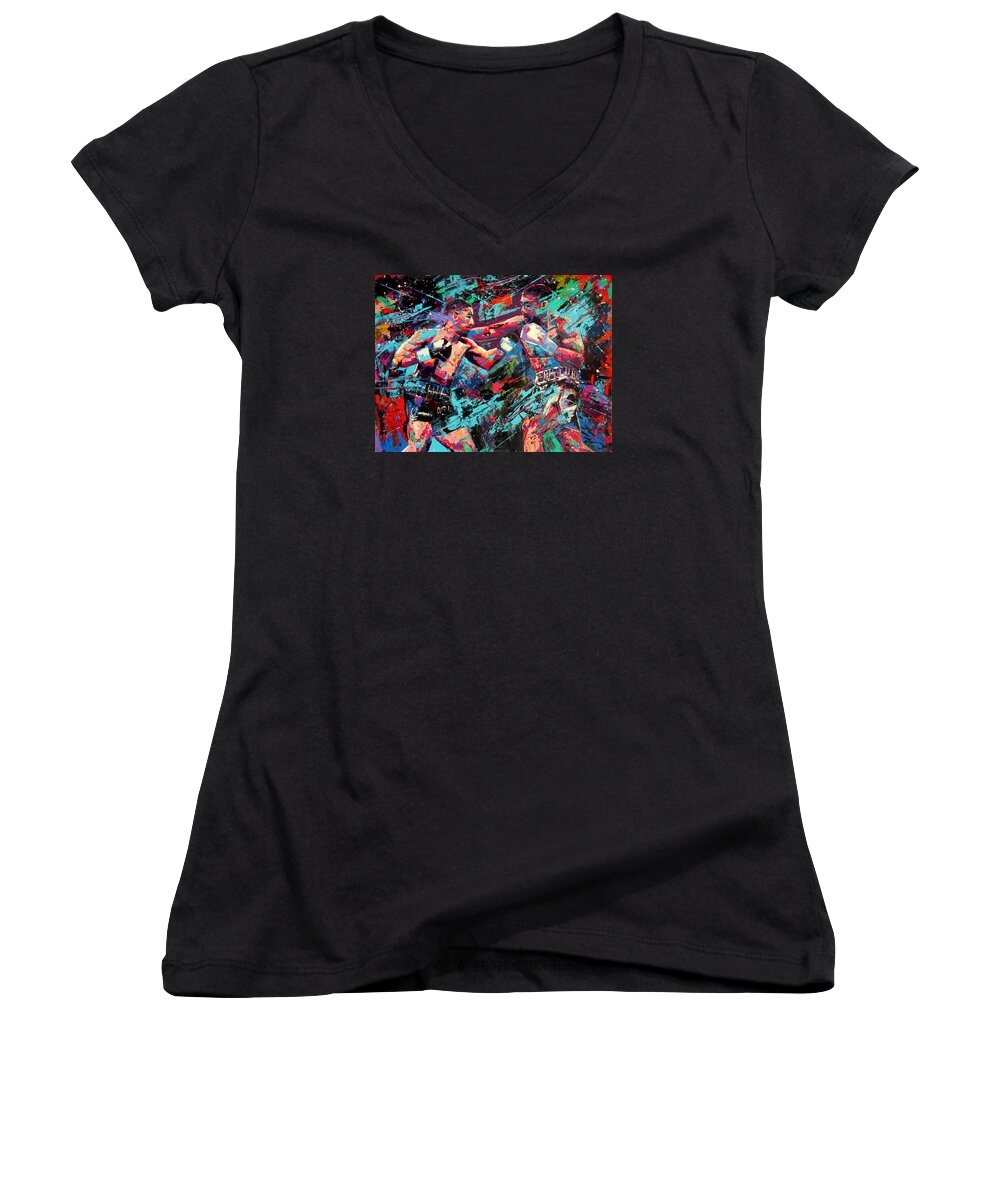 Fight Women's V-Neck featuring the painting Rivals- LARGE WORK by Angie Wright