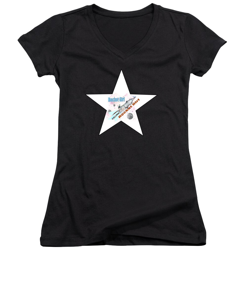Rocket Women's V-Neck featuring the painting Rocket Girl with Star by Tom Conway