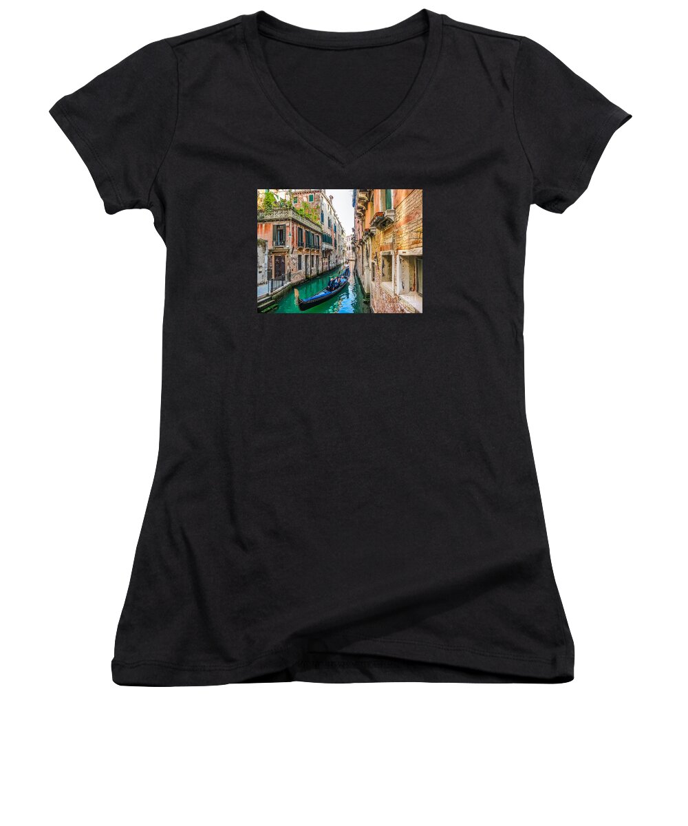 Alley Women's V-Neck featuring the photograph Romantic Gondola scene on canal in Venice by JR Photography