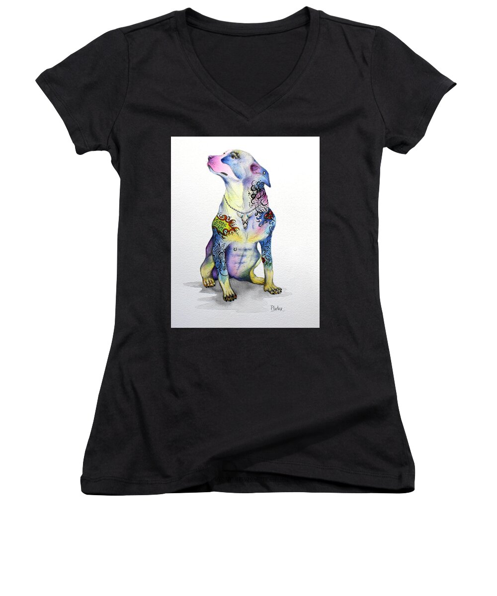 Rottweiler Art Women's V-Neck featuring the painting Rottweiler Rebel by Patricia Lintner