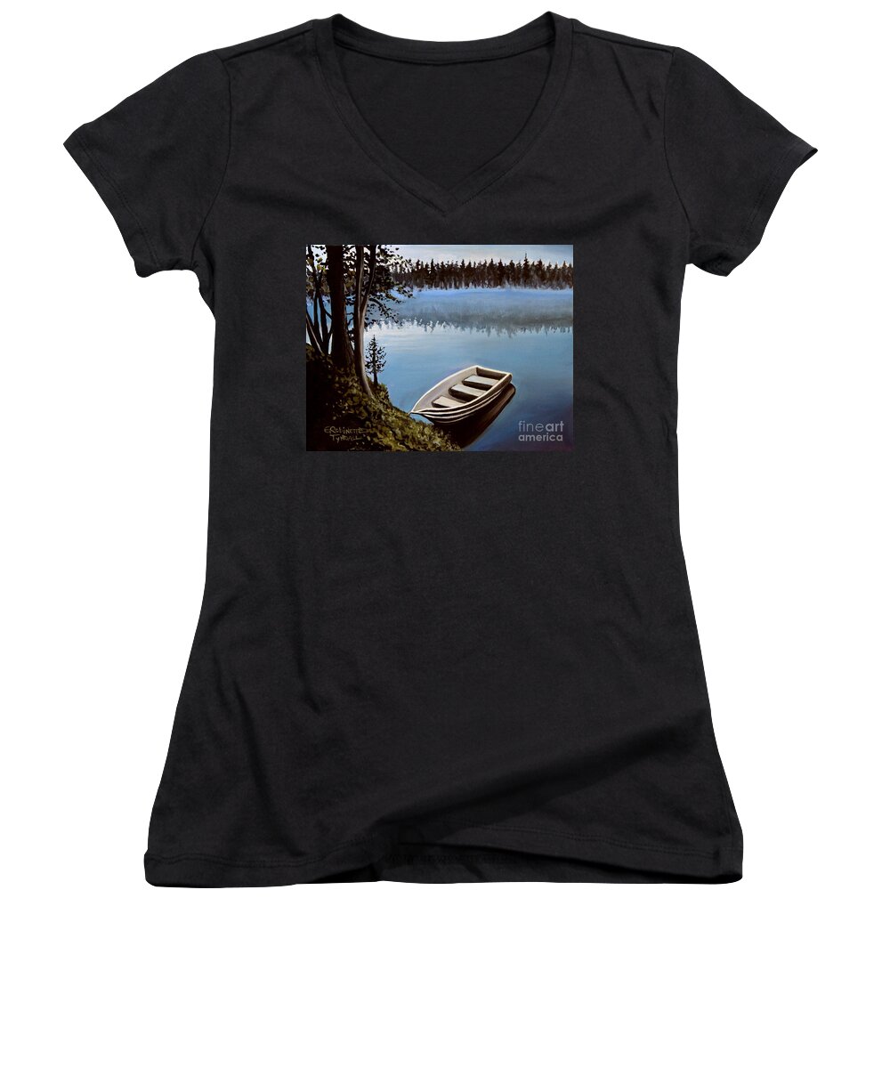 Landscape Women's V-Neck featuring the painting Row Boat In the Fog by Elizabeth Robinette Tyndall