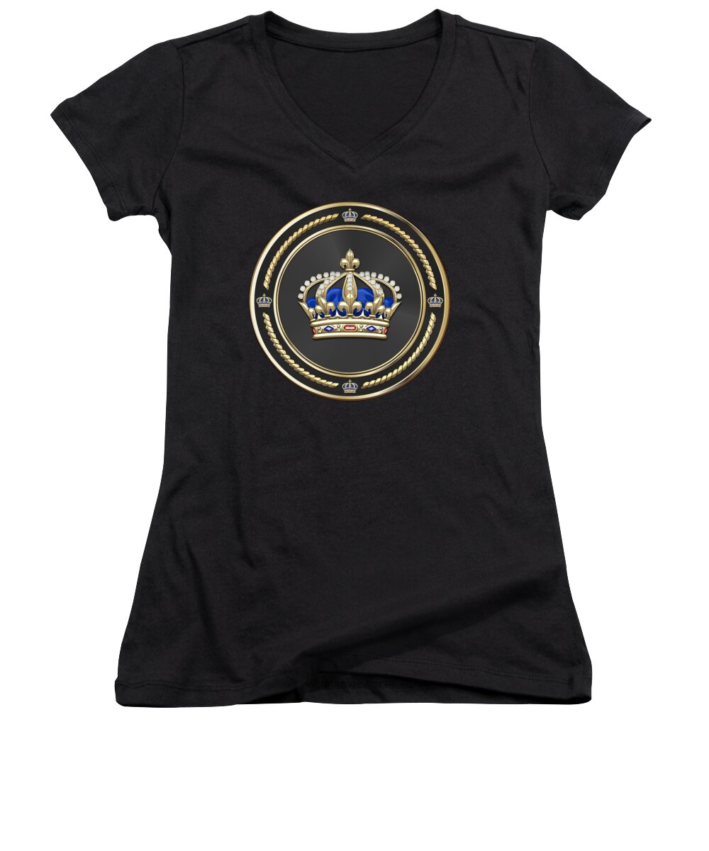 'royal Collection' By Serge Averbukh Women's V-Neck featuring the digital art Royal Crown of France over Blue Velvet by Serge Averbukh