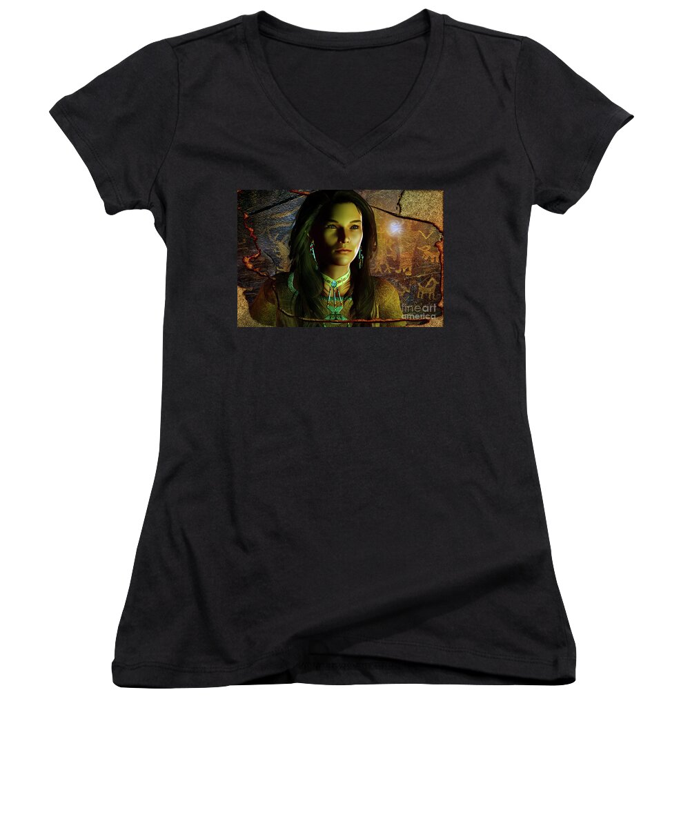 Native American Women's V-Neck featuring the digital art Rremembering The Ancestors by Shadowlea Is