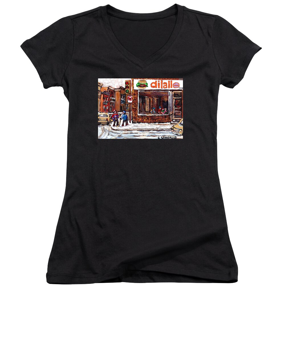 Dilallo Women's V-Neck featuring the painting Rue Notre Dame Montreal Winter Street Scene Paintings Dilallo Burger Hockey Scenes Canadian Art by Carole Spandau